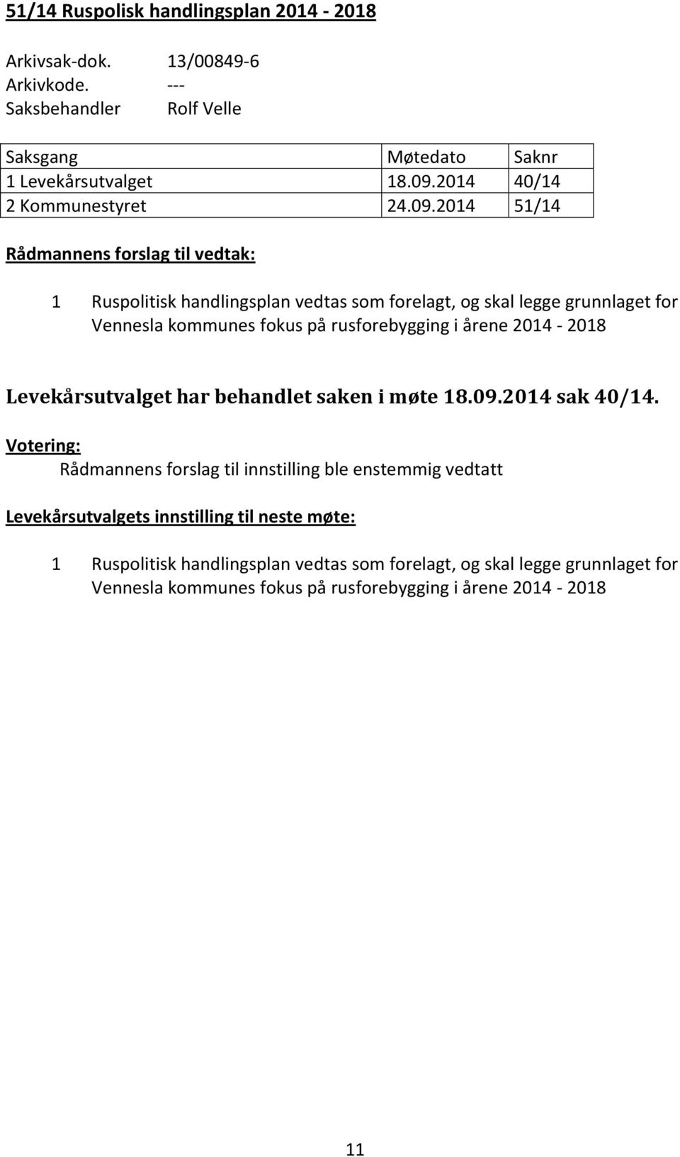 2014 51/14 Rådmannens forslag til vedtak: 1 Ruspolitisk handlingsplan vedtas som forelagt, og skal legge grunnlaget for Vennesla kommunes fokus på rusforebygging i