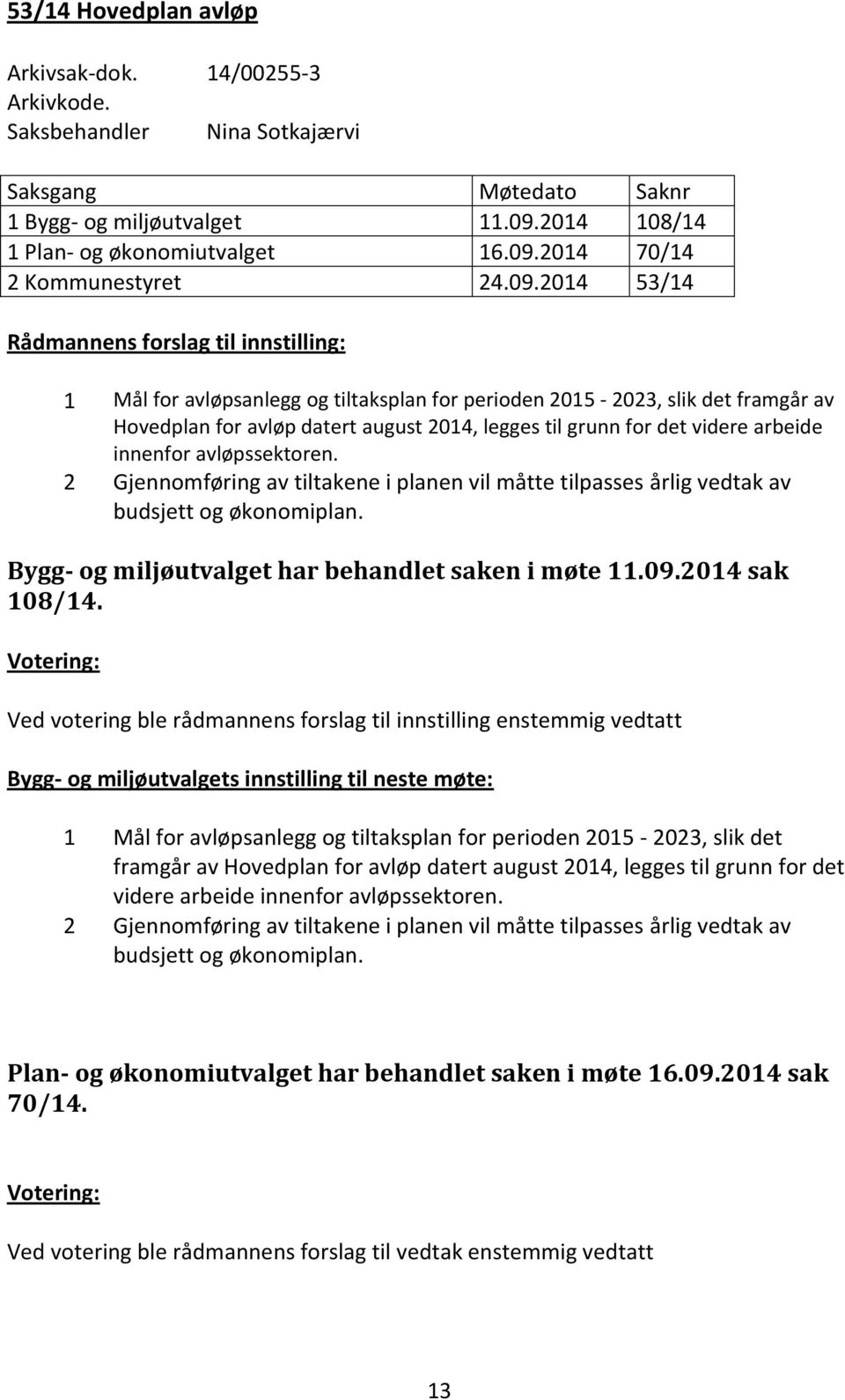 videre arbeide innenfor avløpssektoren. 2 Gjennomføring av tiltakene i planen vil måtte tilpasses årlig vedtak av budsjett og økonomiplan. Bygg- og miljøutvalget har behandlet saken i møte 11.09.