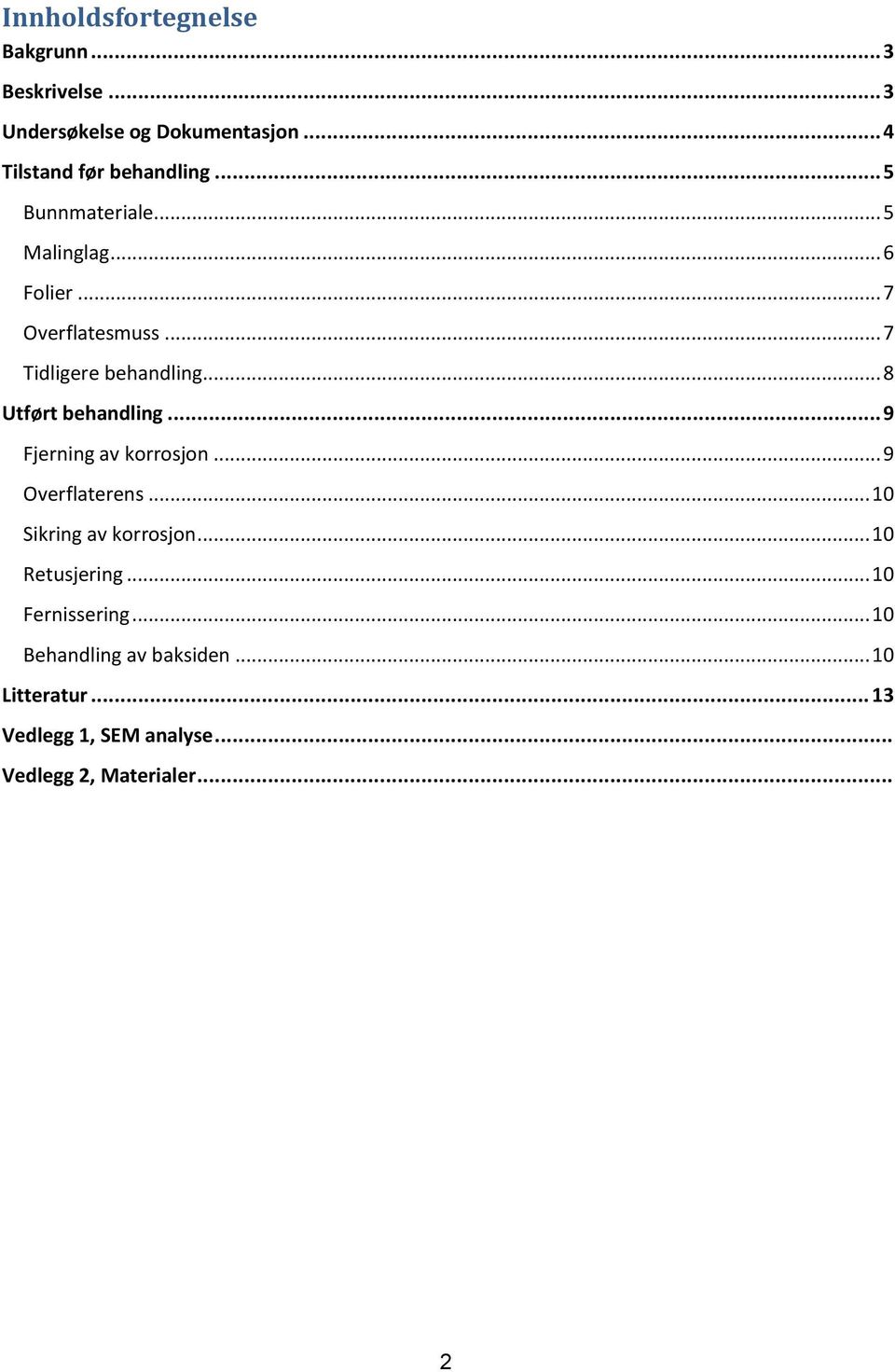 .. 8 Utført behandling... 9 Fjerning av korrosjon... 9 Overflaterens... 10 Sikring av korrosjon.