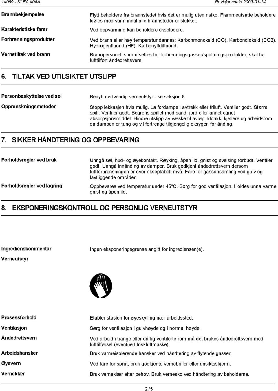 Hydrogenfluorid (HF). Karbonylfdifluorid. Brannpersonell som utsettes for forbrenningsgasser/spaltningsprodukter, skal ha lufttilført åndedrettsvern. 6.