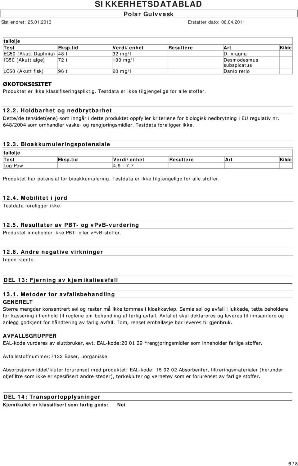 Testdata er ikke tilgjengelige for alle stoffer. 12.2. Holdbarhet og nedbrytbarhet Dette/de tensidet(ene) som inngår i dette produktet oppfyller kriteriene for biologisk nedbrytning i EU regulativ nr.