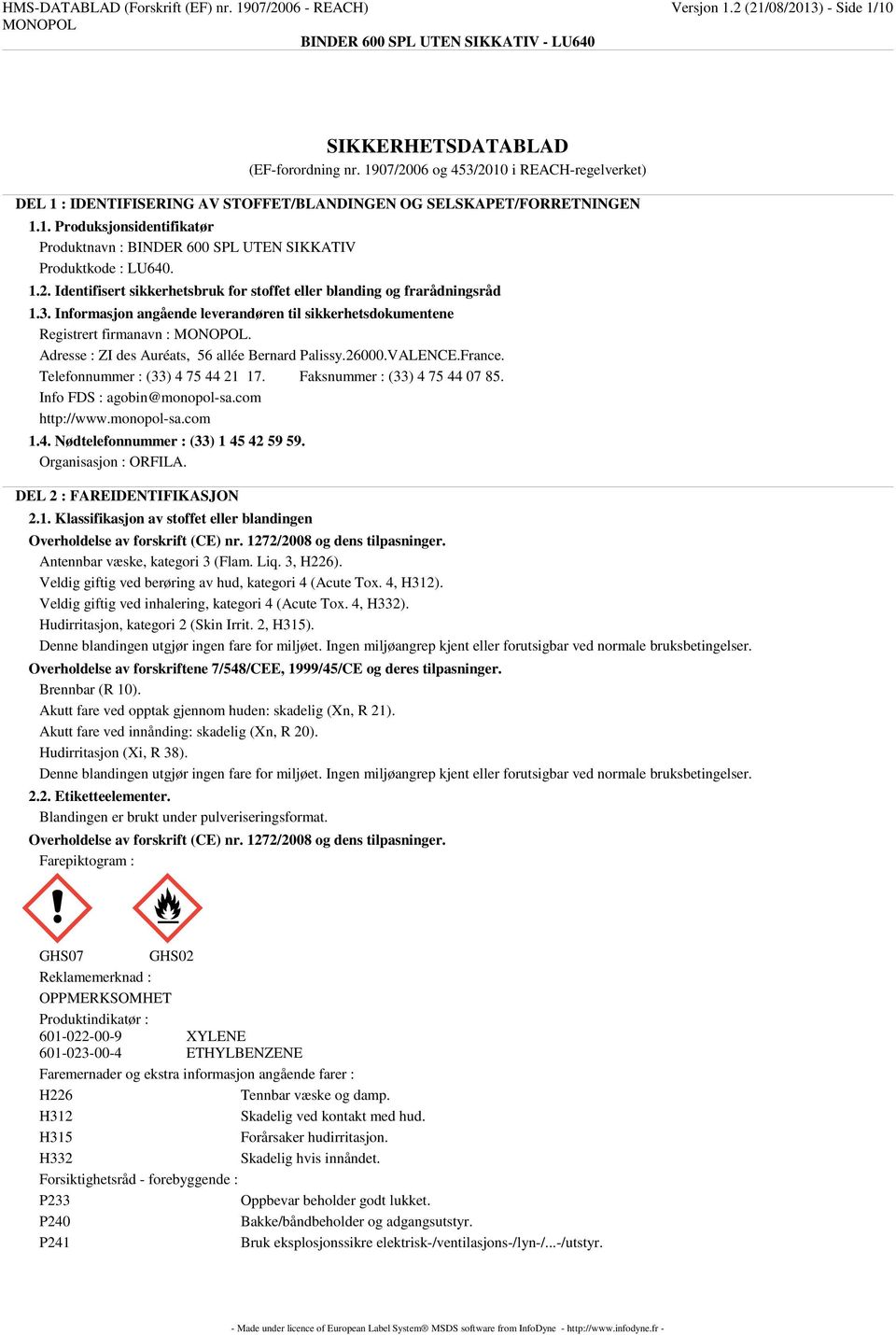 1.2. Identifisert sikkerhetsbruk for stoffet eller blanding og frarådningsråd 1.3. Informasjon angående leverandøren til sikkerhetsdokumentene Registrert firmanavn :.