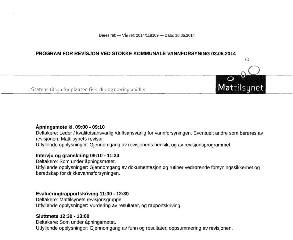 Mattilsynets revisor Utfyllende opplysninger: Gjennomgang av revisjonens hensikt og av revisjonsprogrammet. Intervju og granskning 09:10-11:30 Deltakere: Som under åpningsmøtet.