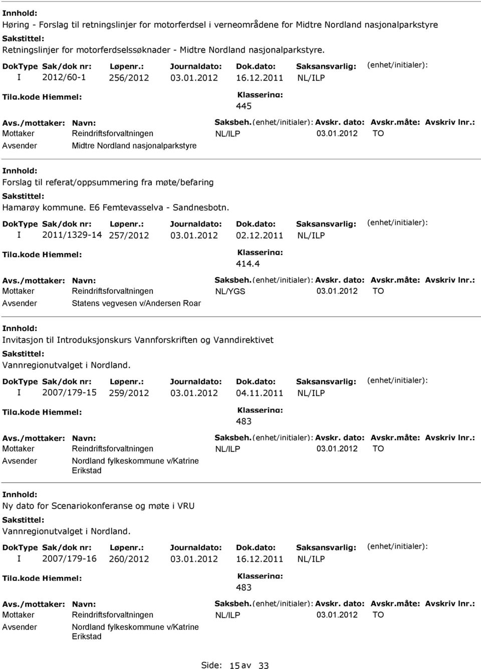 : TO Avsender Midtre Nordland nasjonalparkstyre nnhold: Forslag til referat/oppsummering fra møte/befaring Hamarøy kommune. E6 Femtevasselva - Sandnesbotn. 2011/1329-14 257/2012 02.12.2011 414.4 Avs.