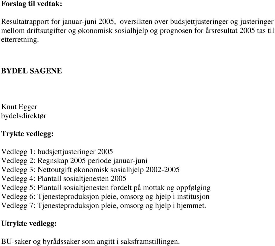 BYDEL SAGENE Knut Egger bydelsdirektør Trykte vedlegg: Vedlegg 1: budsjettjusteringer 2005 Vedlegg 2: Regnskap 2005 periode januar-juni Vedlegg 3: Nettoutgift økonomisk