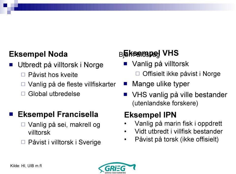 på villtorsk Offisielt ikke påvist i Norge Mange ulike typer VHS vanlig på ville bestander (utenlandske forskere)