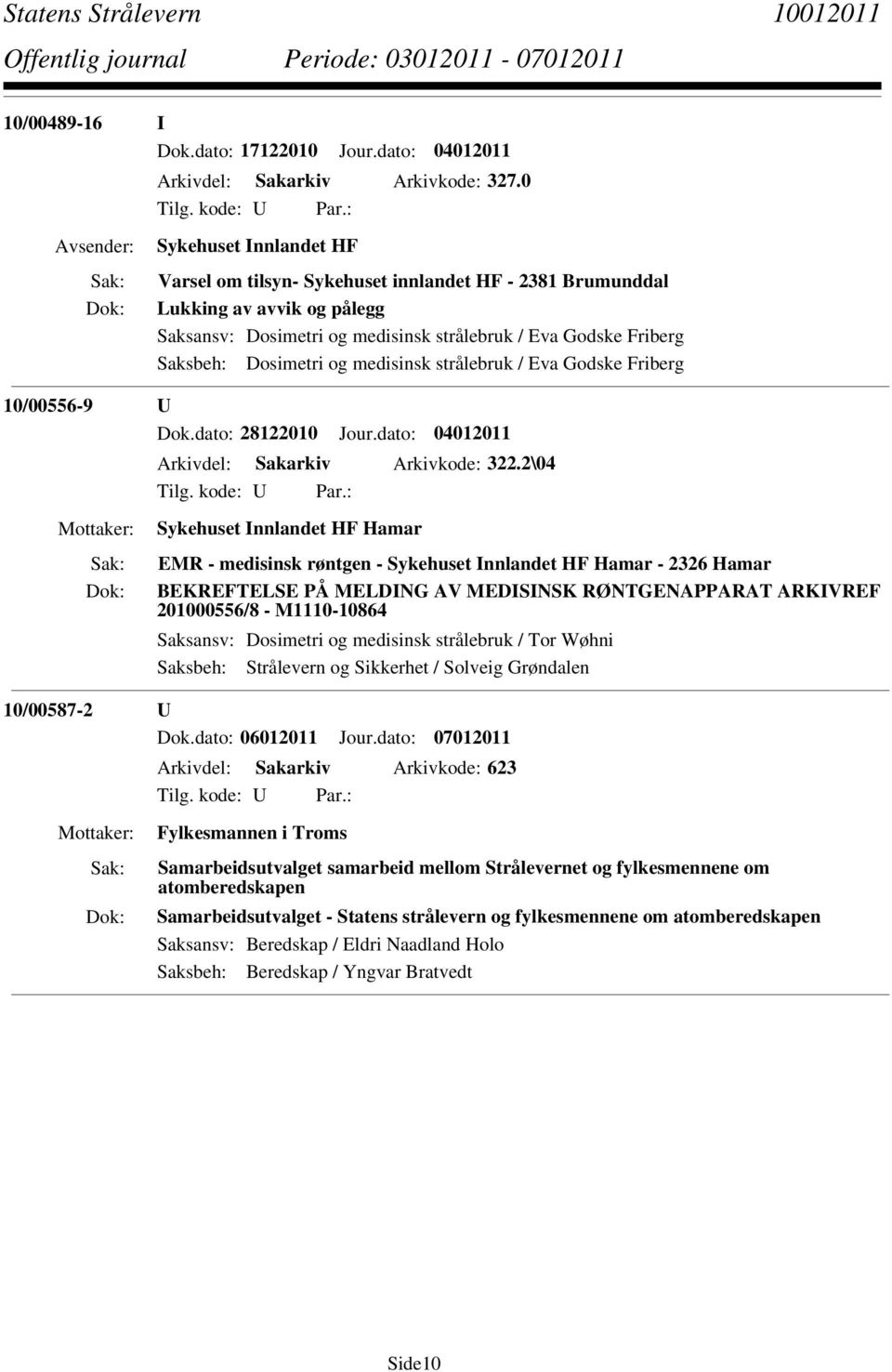 medisinsk strålebruk / Eva Godske Friberg 10/00556-9 U Dok.dato: 28122010 Jour.dato: 04012011 Arkivdel: Sakarkiv Arkivkode: 322.