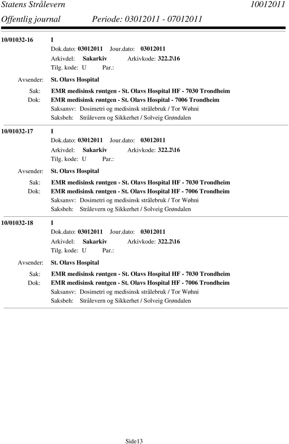 dato: 03012011 Arkivdel: Sakarkiv Arkivkode: 322.2\16 St. Olavs Hospital EMR medisinsk røntgen - St. Olavs Hospital HF - 7030 Trondheim EMR medisinsk røntgen - St.