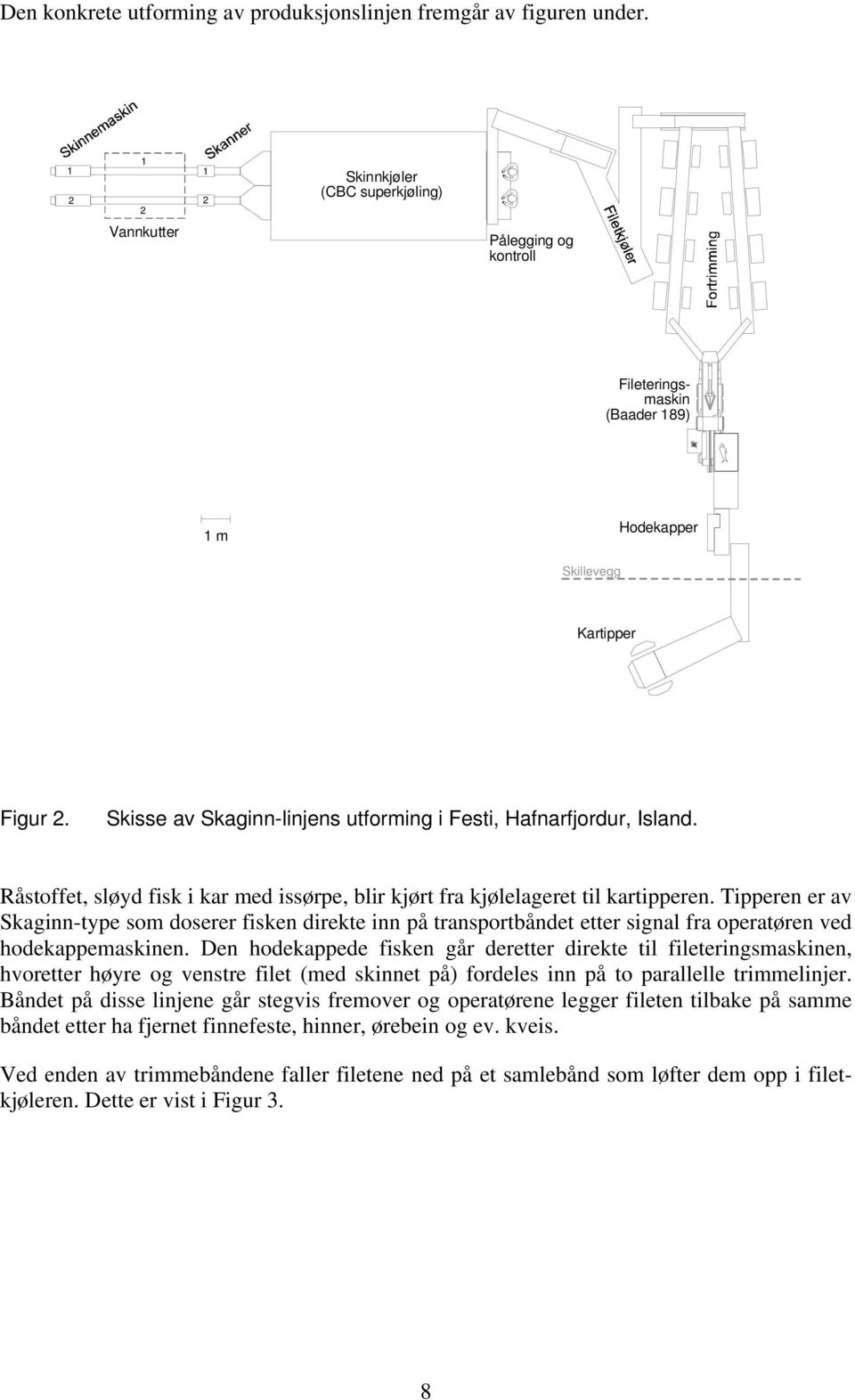 Skisse av Skaginn-linjens utforming i Festi, Hafnarfjordur, Island. Råstoffet, sløyd fisk i kar med issørpe, blir kjørt fra kjølelageret til kartipperen.