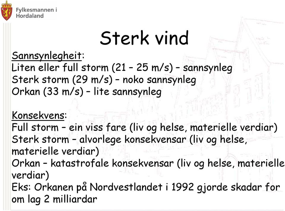 verdiar) Sterk storm alvorlege konsekvensar (liv og helse, materielle verdiar) Orkan katastrofale