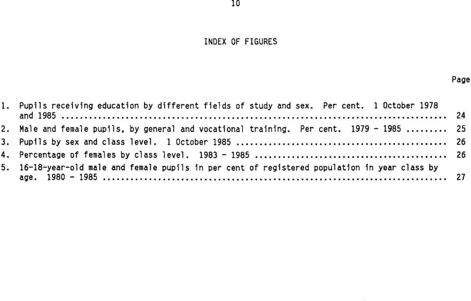 1979-1985 25 3. Pupils by sex and class level. 1 October 1985 26 4. Percentage of females by class level.