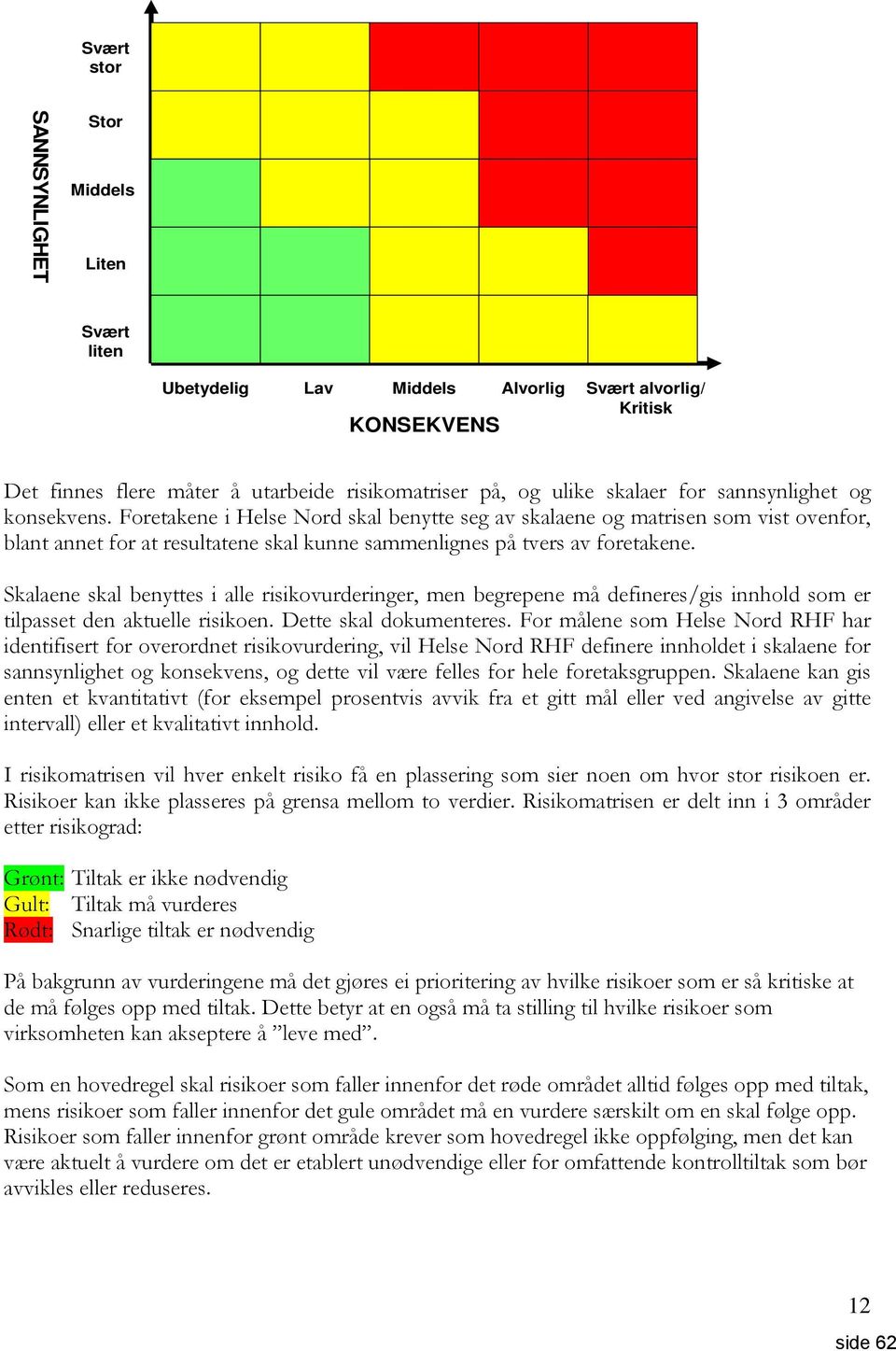 Skalaene skal benyttes i alle risikovurderinger, men begrepene må defineres/gis innhold som er tilpasset den aktuelle risikoen. Dette skal dokumenteres.