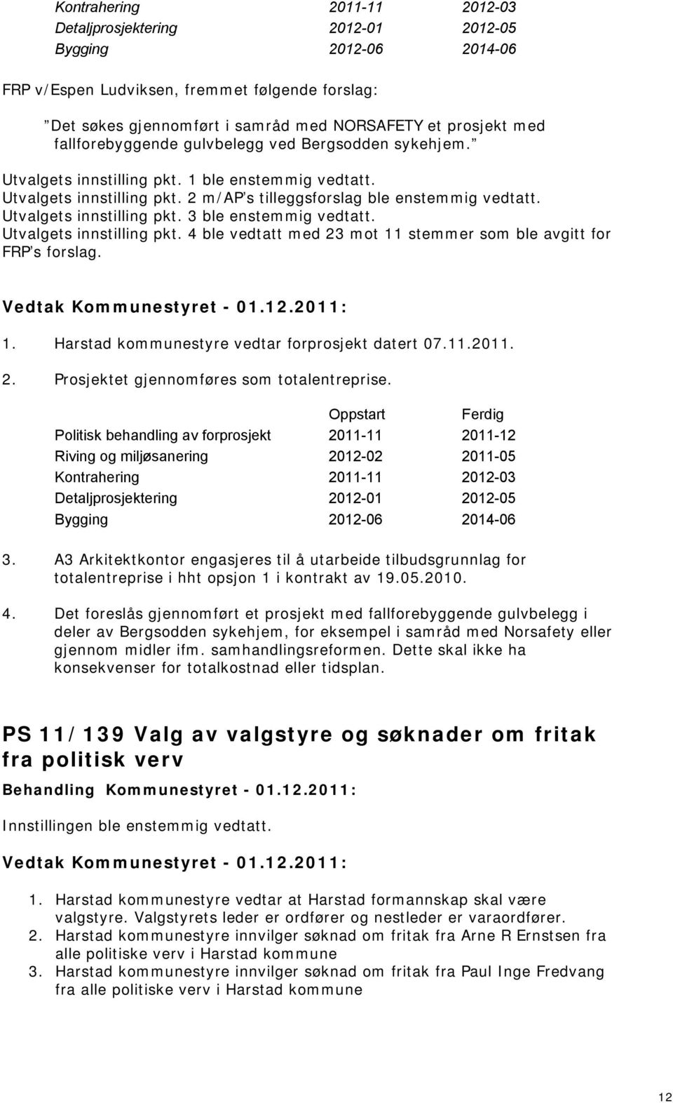 Utvalgets innstilling pkt. 3 ble enstemmig vedtatt. Utvalgets innstilling pkt. 4 ble vedtatt med 23 mot 11 stemmer som ble avgitt for FRP s forslag. 1. Harstad kommunestyre vedtar forprosjekt datert 07.