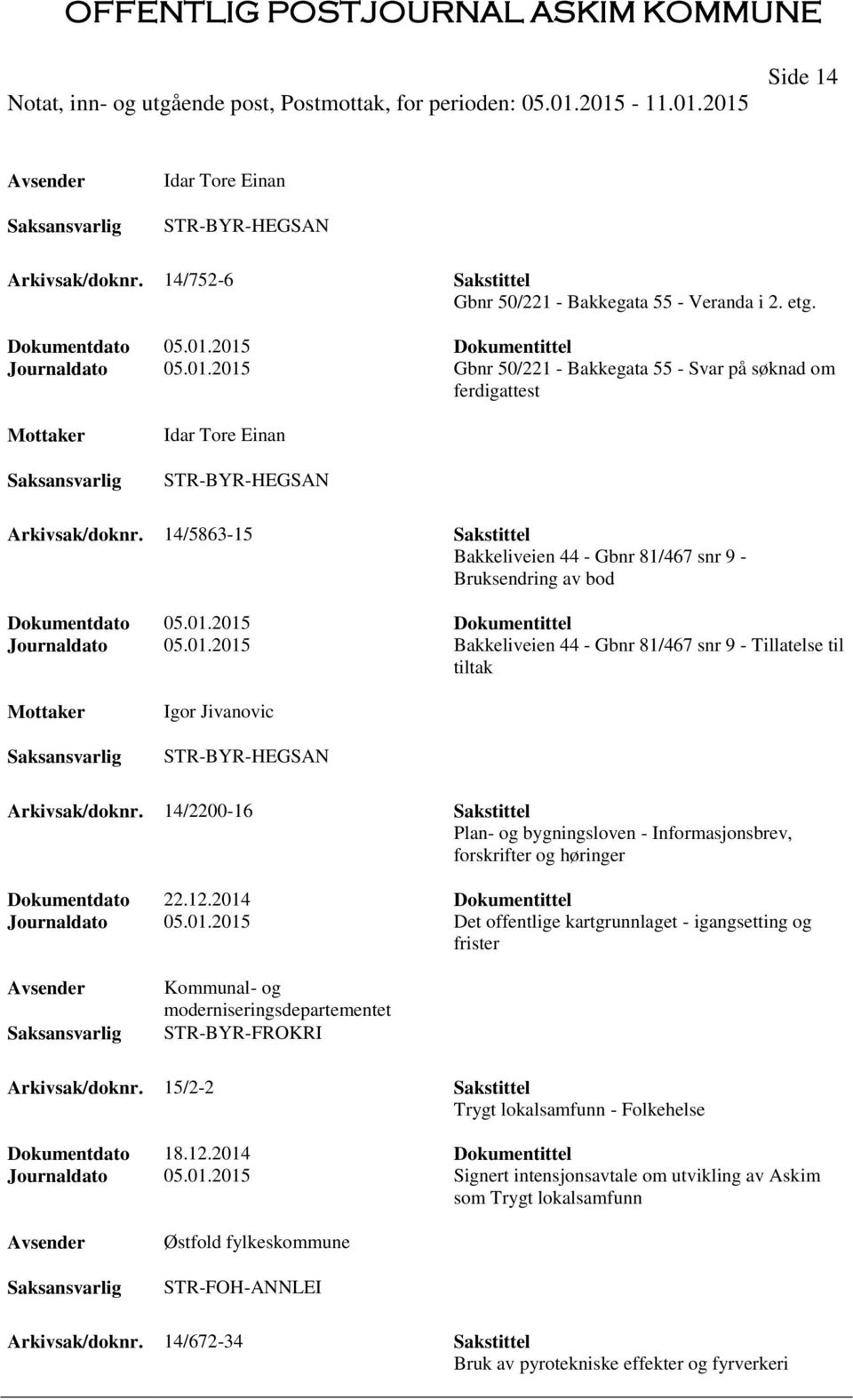 14/5863-15 Sakstittel Bakkeliveien 44 - Gbnr 81/467 snr 9 - Bruksendring av bod Journaldato 05.01.