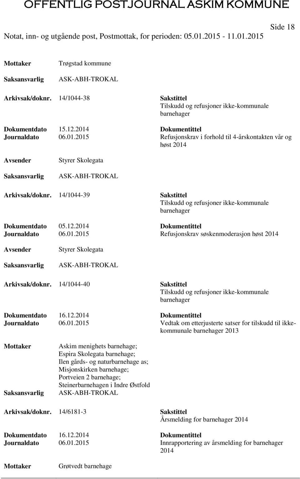 14/1044-39 Sakstittel Tilskudd og refusjoner ikke-kommunale barnehager Dokumentdato 05.12.2014 Dokumentittel Journaldato 06.01.2015 Refusjonskrav søskenmoderasjon høst 2014 Styrer Skolegata Arkivsak/doknr.