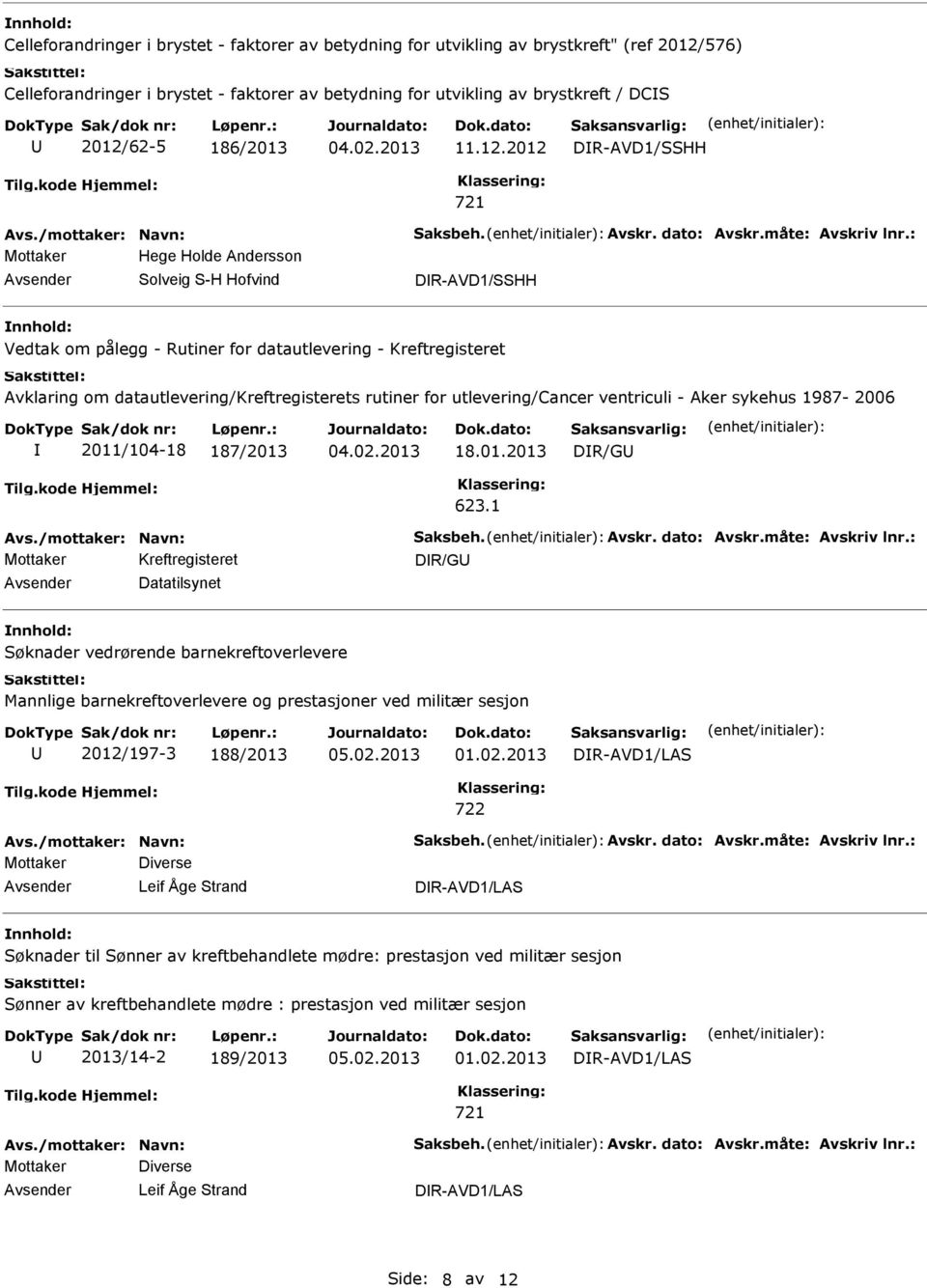 2012 DR-AVD1/SSHH Mottaker Hege Holde Andersson Solveig S-H Hofvind DR-AVD1/SSHH Vedtak om pålegg - Rutiner for datautlevering - Kreftregisteret Avklaring om datautlevering/kreftregisterets rutiner