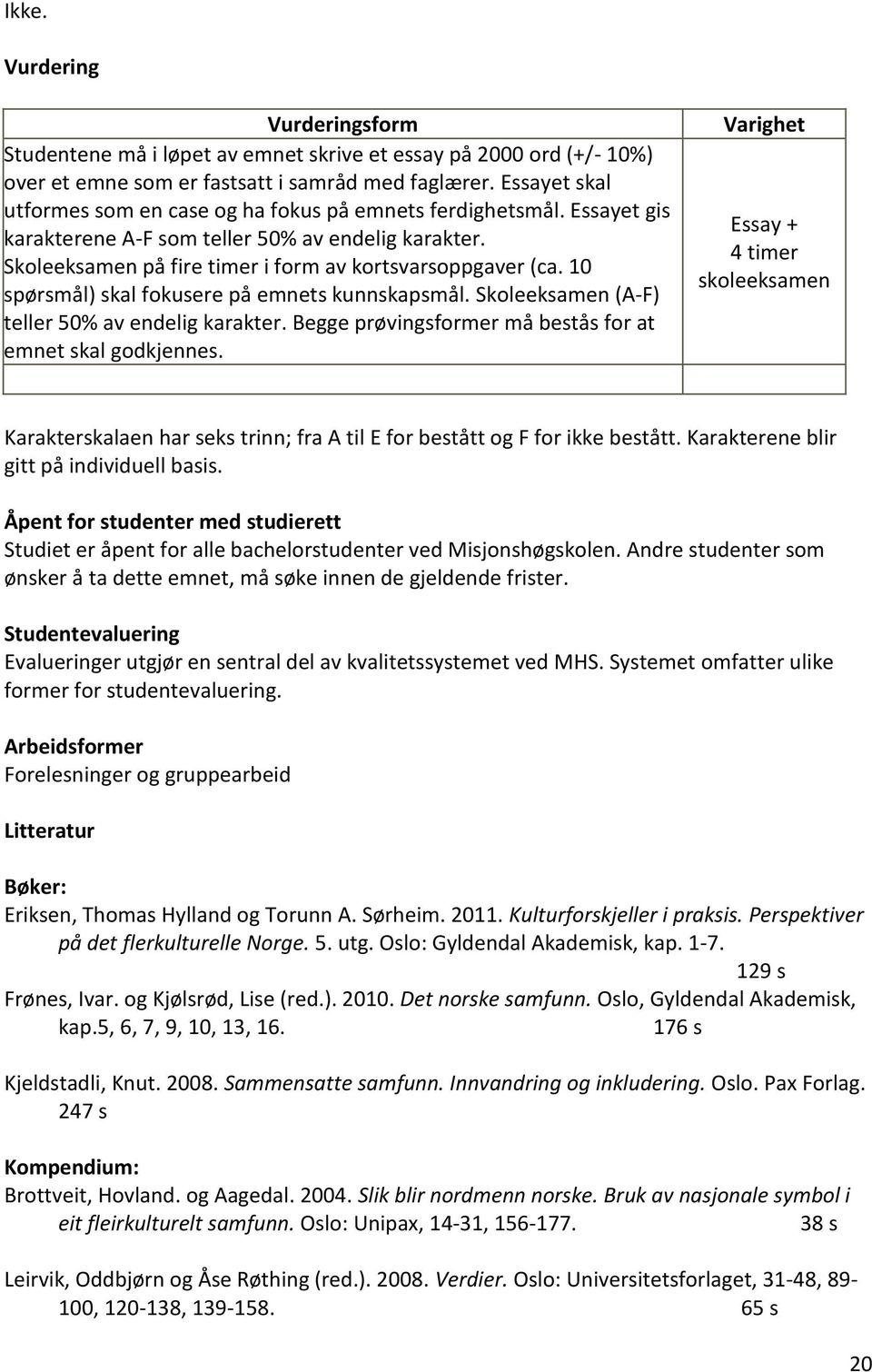 10 spørsmål) skal fokusere på emnets kunnskapsmål. Skoleeksamen (A-F) teller 50% av endelig karakter. Begge prøvingsformer må bestås for at emnet skal godkjennes.