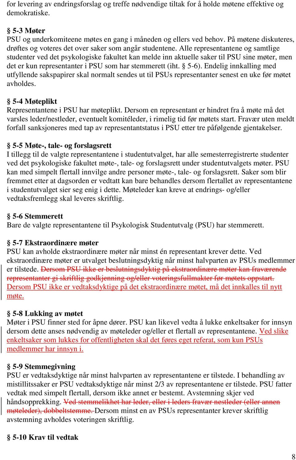 Alle representantene og samtlige studenter ved det psykologiske fakultet kan melde inn aktuelle saker til PSU sine møter, men det er kun representanter i PSU som har stemmerett (iht. 5-6).