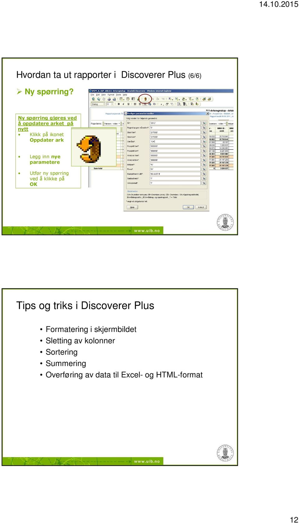 nye parametere Utfør ny spørring ved å klikke på OK Tips og triks i Discoverer Plus