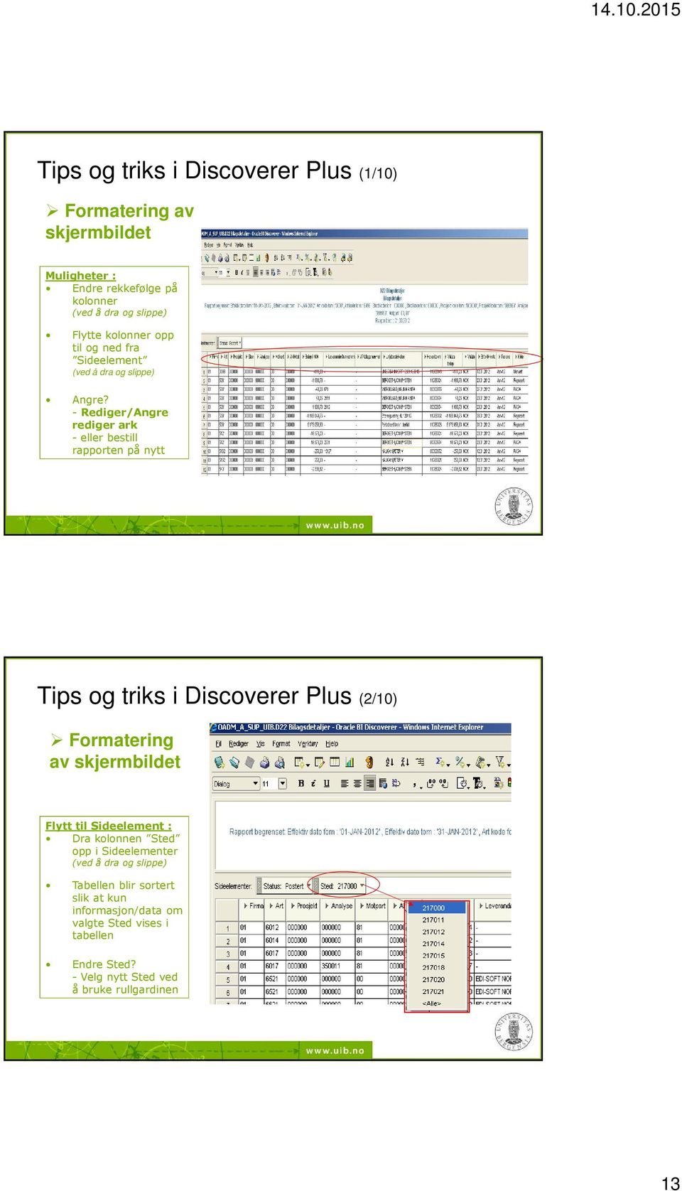 - Rediger/Angre rediger ark - eller bestill rapporten på nytt Tips og triks i Discoverer Plus (2/10) Formatering av skjermbildet Flytt til