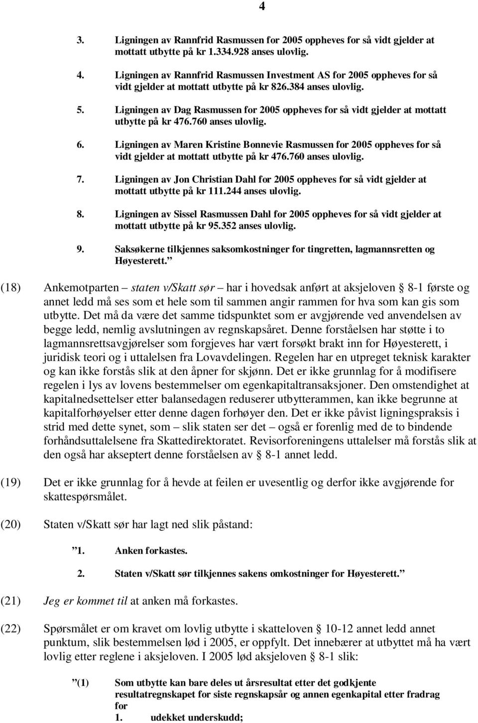 Ligningen av Dag Rasmussen for 2005 oppheves for så vidt gjelder at mottatt utbytte på kr 476.760 anses ulovlig. 6.