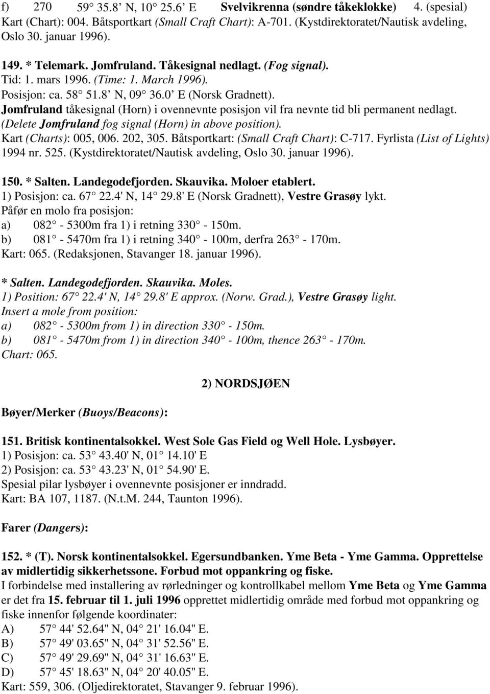 Jomfruland tåkesignal (Horn) i ovennevnte posisjon vil fra nevnte tid bli permanent nedlagt. (Delete Jomfruland fog signal (Horn) in above position). Kart (Charts): 005, 006. 202, 305.