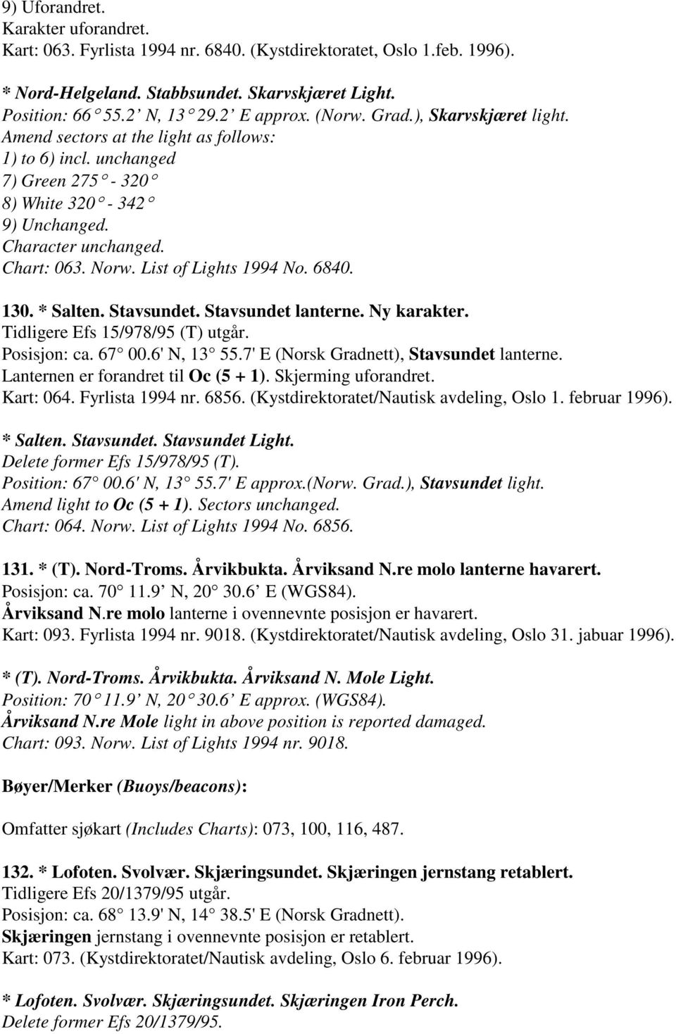 List of Lights 1994 No. 6840. 130. * Salten. Stavsundet. Stavsundet lanterne. Ny karakter. Tidligere Efs 15/978/95 (T) utgår. Posisjon: ca. 67 00.6' N, 13 55.