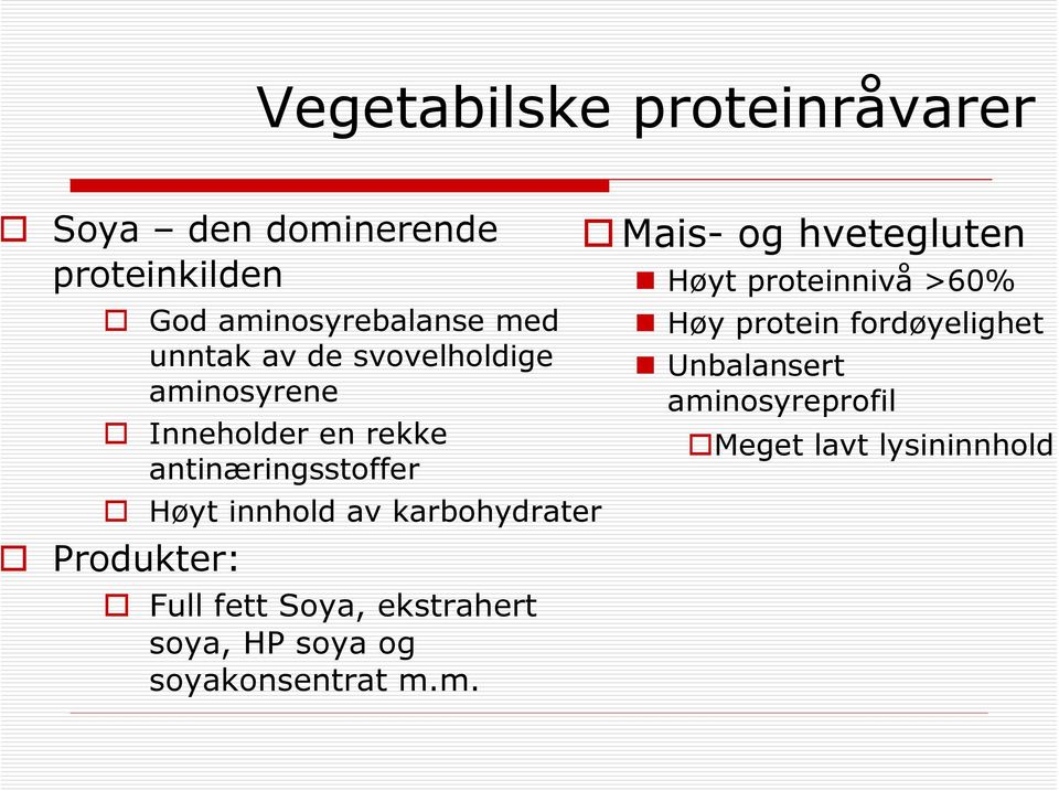 Produkter: Full fett Soya, ekstrahert soya, HP soya og soyakonsentrat m.