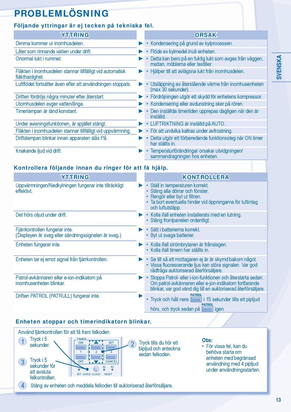 Utomhusdelen avger vatten/ånga. Timerlampan är tänd konstant. Under avisningsfunktionen, är spjället stängt. Fläkten i inomhusdelen stannar tillfälligt vid uppvärmning.