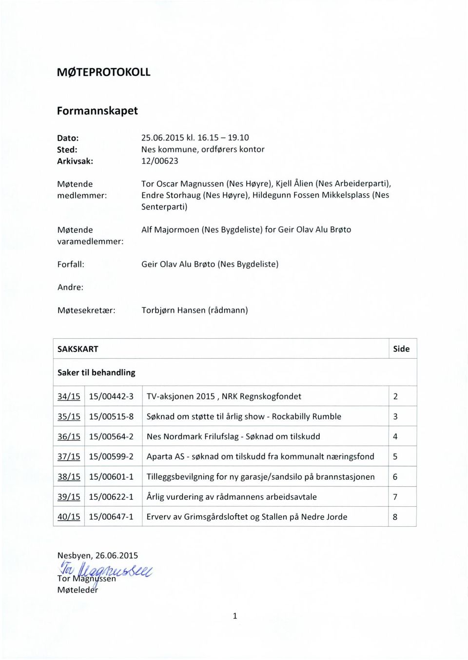 Senterparti) Møtende varamedlemmer: Alf Majormoen (Nes Bygdeliste) for Geir Olav Alu Brøto Forfall: Geir Olav Alu Brøto (Nes Bygdeliste) Andre: Møtesekretær: Torbjørn Hansen (rådmann) SAKSKART Side