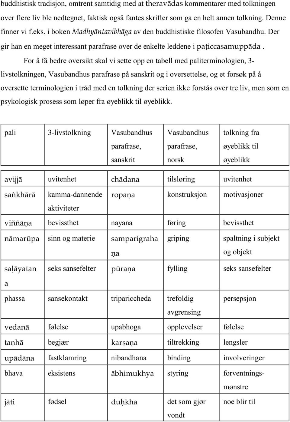 For å få bedre oversikt skal vi sette opp en tabell med paliterminologien, 3- livstolkningen, Vasubandhus parafrase på sanskrit og i oversettelse, og et forsøk på å oversette terminologien i tråd med