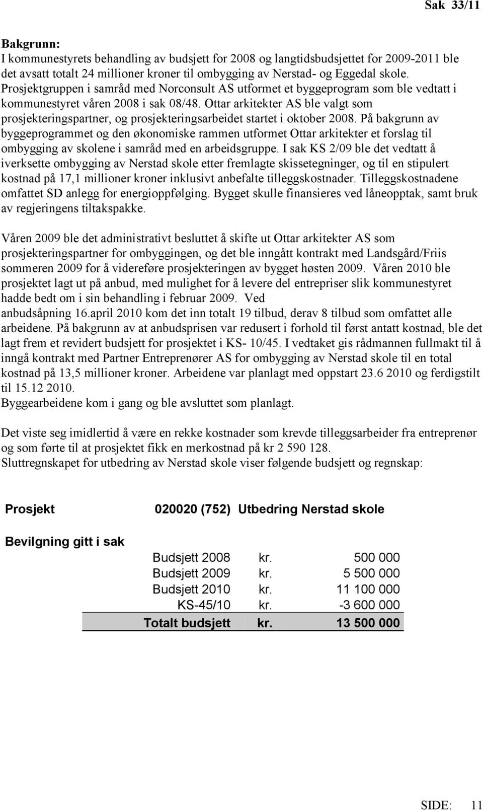 Ottar arkitekter AS ble valgt som prosjekteringspartner, og prosjekteringsarbeidet startet i oktober 2008.