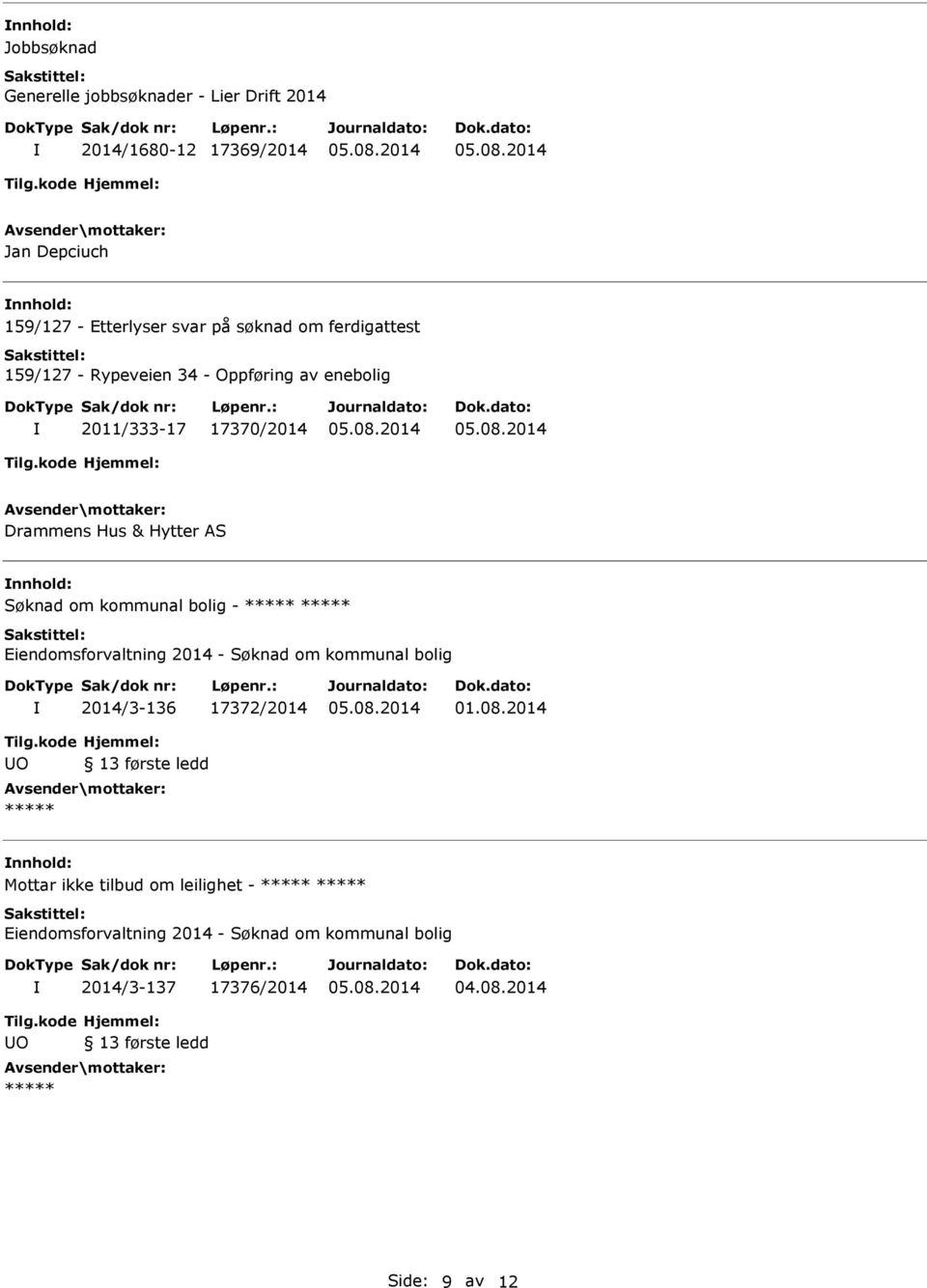 nnhold: Søknad om kommunal bolig - Eiendomsforvaltning 2014 - Søknad om kommunal bolig 2014/3-136 17372/2014 01.08.