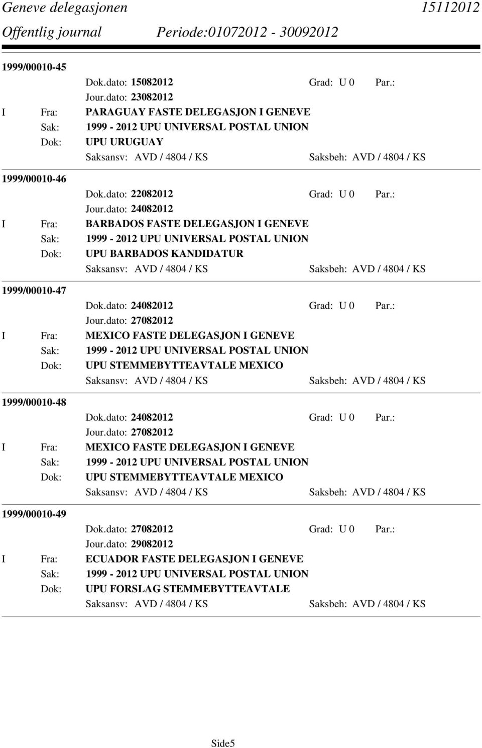 dato: 24082012 Grad: U 0 Par.: Jour.dato: 27082012 I Fra: MEXICO FASTE DELEGASJON I GENEVE Sak: 1999-2012 UPU UNIVERSAL POSTAL UNION UPU STEMMEBYTTEAVTALE MEXICO 1999/00010-48 Dok.