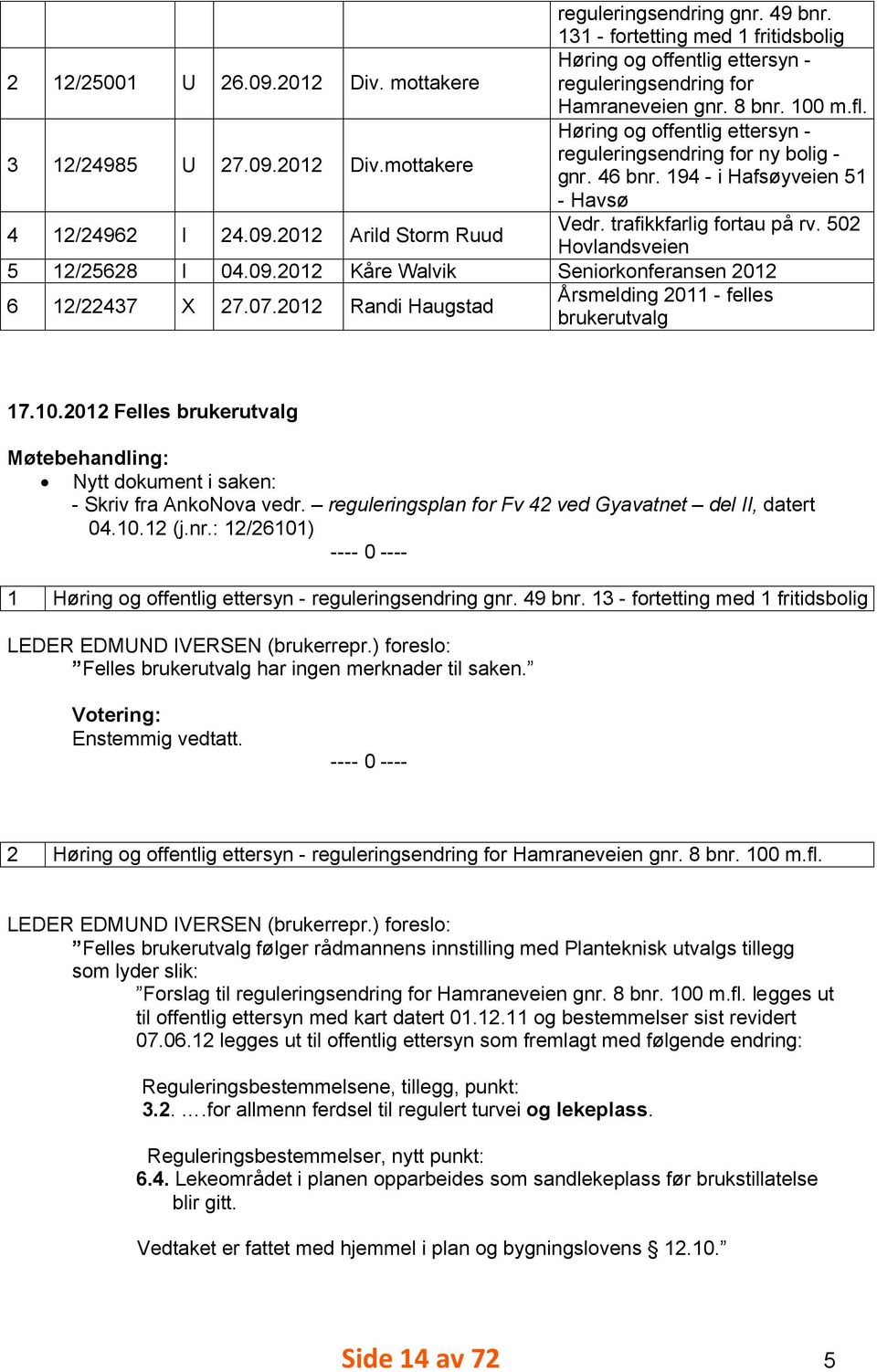 Høring og offentlig ettersyn reguleringsendring for ny bolig gnr. 46 bnr. 94 - i Hafsøyveien 5 - Havsø Vedr. trafikkfarlig fortau på rv.