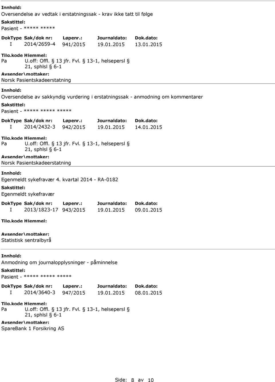 01.2015.off: Offl. 13 jfr. Fvl., helsepersl Norsk sientskadeerstatning Egenmeldt sykefravær 4. kvartal 2014 - RA-0182 Egenmeldt sykefravær 2013/1823-17 943/2015 09.01.2015 Statistisk sentralbyrå Anmodning om journalopplysninger - påminnelse sient - ***** ***** ***** 2014/3640-3 947/2015 08.