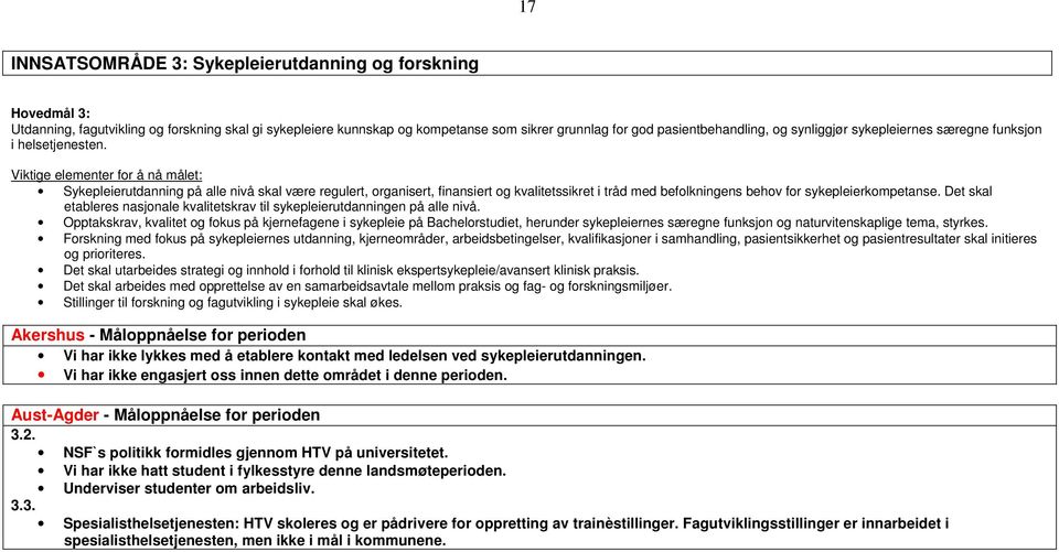 Viktige elementer for å nå målet: Sykepleierutdanning på alle nivå skal være regulert, organisert, finansiert og kvalitetssikret i tråd med befolkningens behov for sykepleierkompetanse.