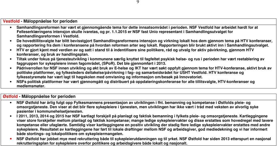 De hovedtillitsvalgte har blitt bevisstgjort Samhandlingsreformens intensjon og virkning lokalt hos dem gjennom tema på HTV konferanser, og rapportering fra dem i konferansene på hvordan reformen