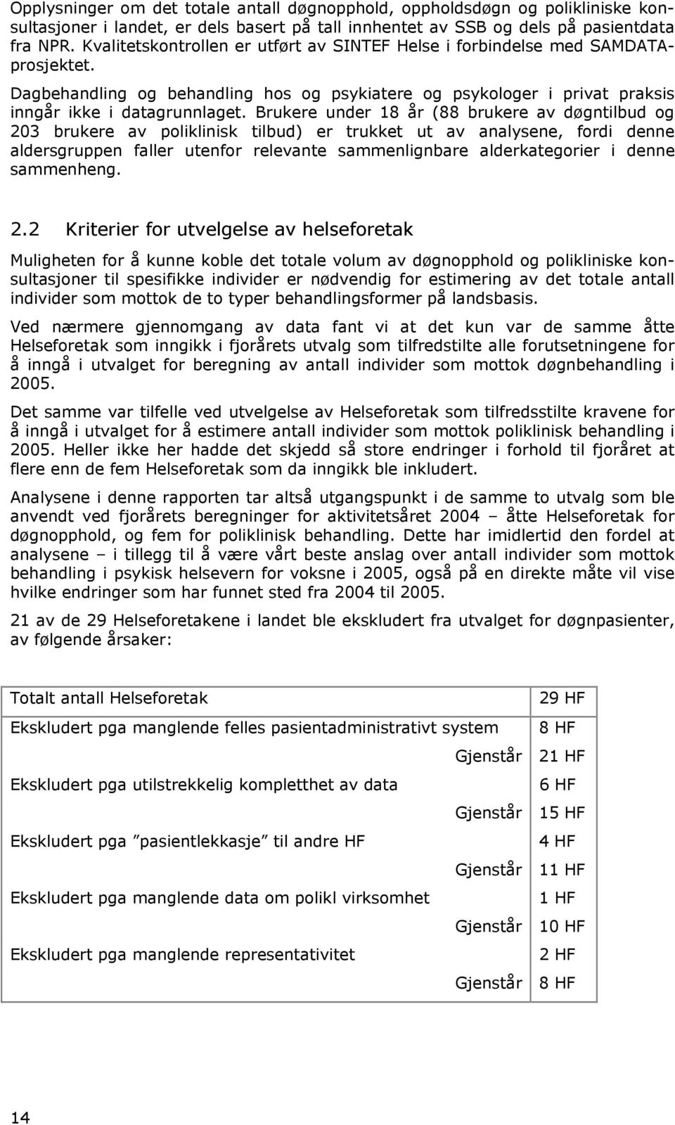 Brukere under 18 år (88 brukere av døgntilbud og 203 brukere av poliklinisk tilbud) er trukket ut av analysene, fordi denne aldersgruppen faller utenfor relevante sammenlignbare alderkategorier i