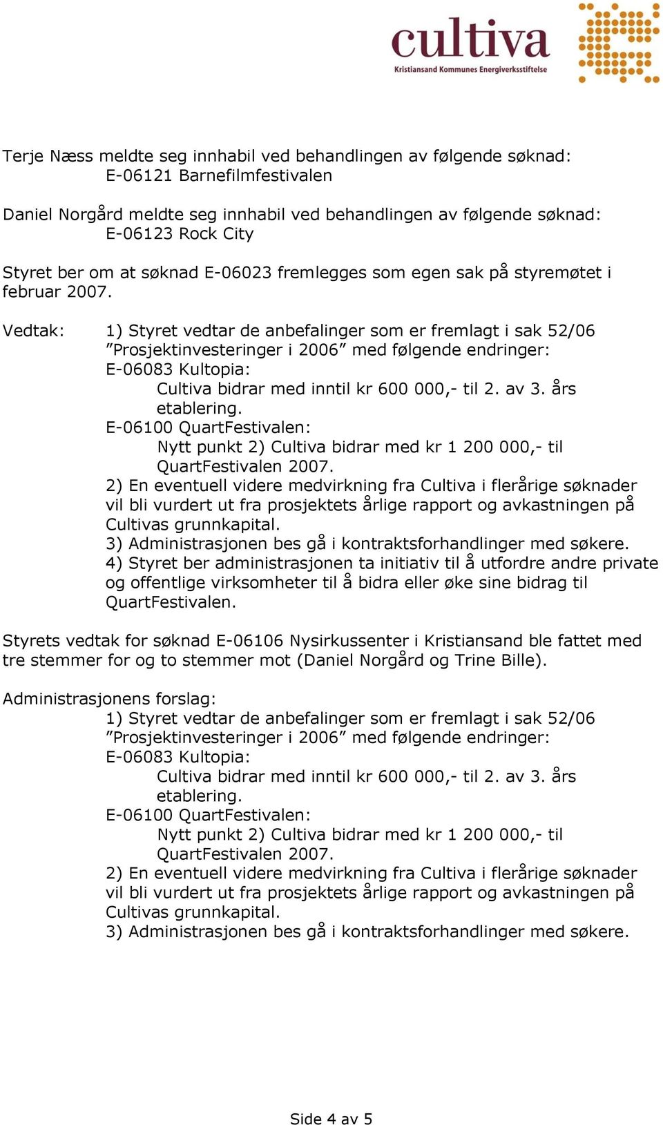 1) Styret vedtar de anbefalinger som er fremlagt i sak 52/06 Prosjektinvesteringer i 2006 med følgende endringer: E-06083 Kultopia: Cultiva bidrar med inntil kr 600 000,- til 2. av 3. års etablering.