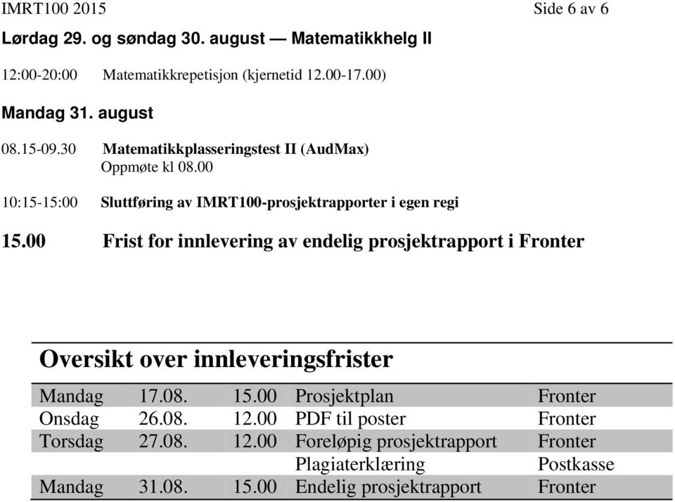 00 Frist for innlevering av endelig prosjektrapport i Fronter Oversikt over innleveringsfrister Mandag 17.08. 15.00 Prosjektplan Fronter Onsdag 26.08. 12.