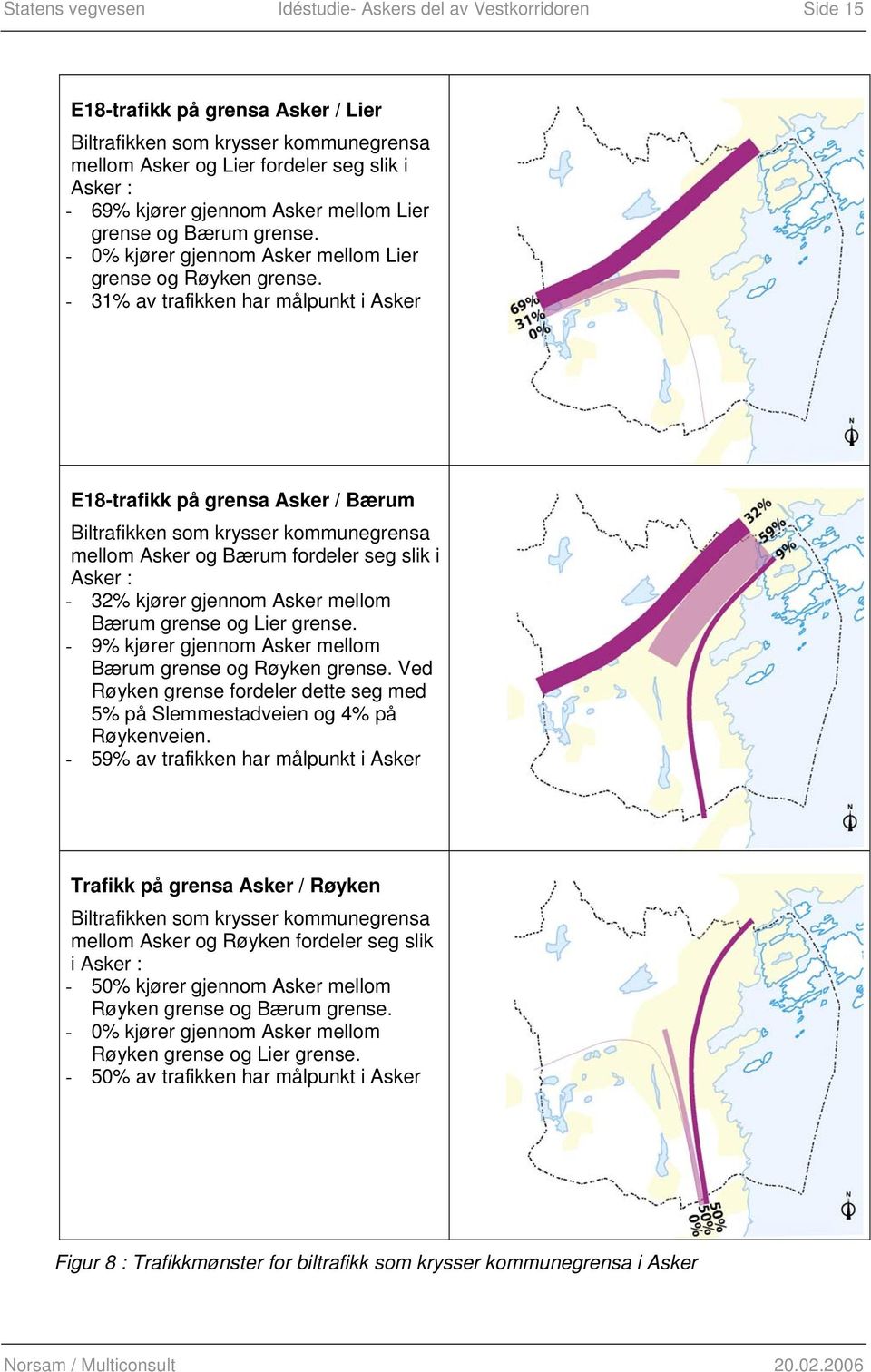 - 31% av trafikken har målpunkt i Asker E18-trafikk på grensa Asker / Bærum Biltrafikken som krysser kommunegrensa mellom Asker og Bærum fordeler seg slik i Asker : - 32% kjører gjennom Asker mellom