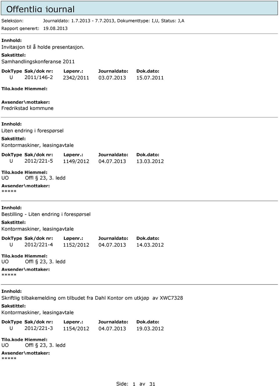 2011 Fredrikstad kommune Liten endring i forespørsel Kontormaskiner, leasingavtale O 2012/221-5 1149/2012 Offl 23, 3. ledd 13.03.