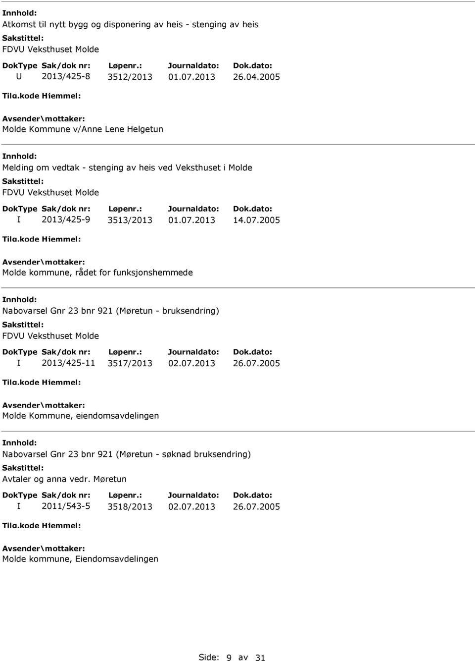 2005 Molde kommune, rådet for funksjonshemmede Nabovarsel Gnr 23 bnr 921 (Møretun - bruksendring) FDV Veksthuset Molde 2013/425-11 3517/2013 26.07.