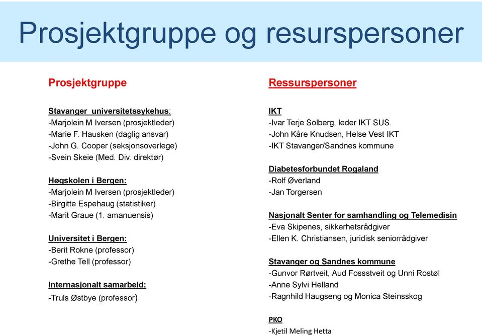 amanuensis) Universitet i Bergen: -Berit Rokne (professor) -Grethe Tell (professor) Internasjonalt samarbeid: -Truls Østbye (professor) IKT -Ivar Terje Solberg, leder IKT SUS.