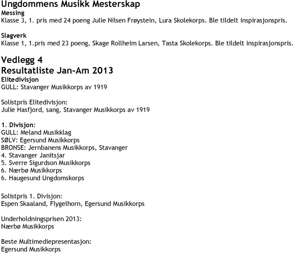 Vedlegg 4 Resultatliste Jan-Am 2013 Elitedivisjon GULL: Stavanger Musikkorps av 1919 Solistpris Elitedivisjon: Julie Hasfjord, sang, Stavanger Musikkorps av 1919 1.