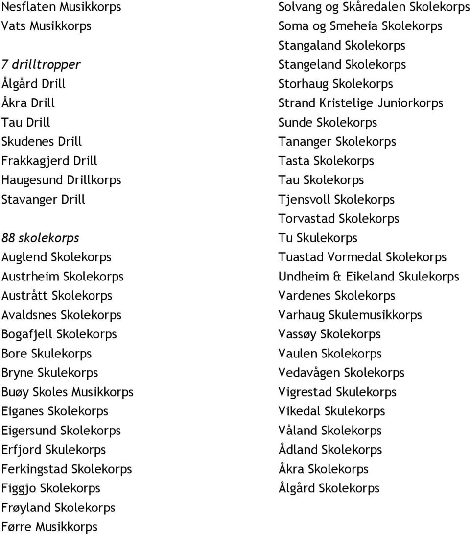 Torvastad Skolekorps 88 skolekorps Tu Skulekorps Auglend Skolekorps Tuastad Vormedal Skolekorps Austrheim Skolekorps Undheim & Eikeland Skulekorps Austrått Skolekorps Vardenes Skolekorps Avaldsnes