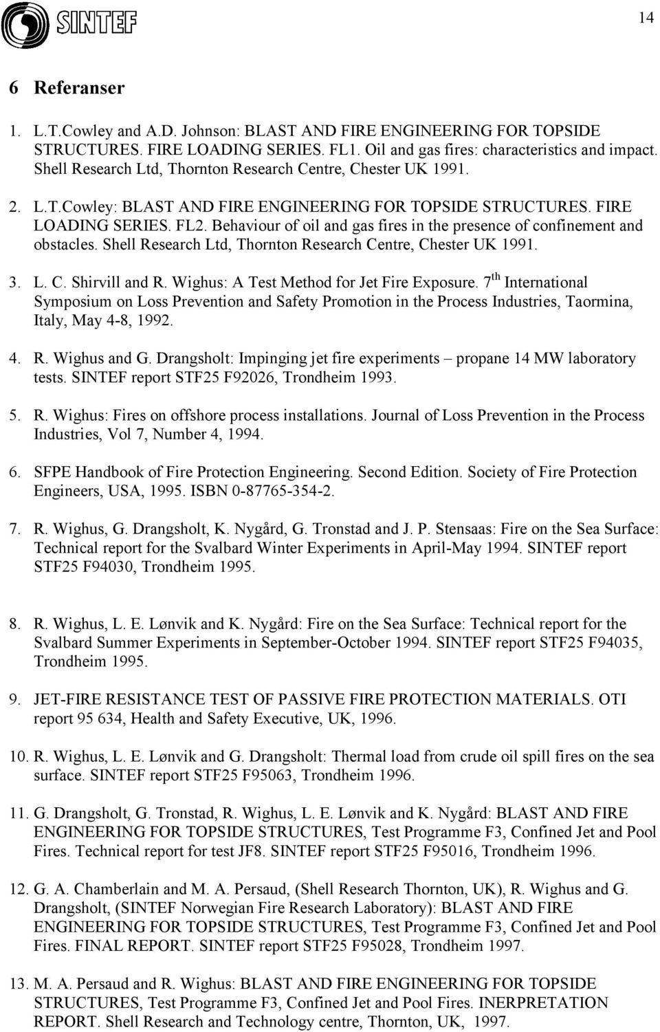 Behaviour of oil and gas fires in the presence of confinement and obstacles. Shell Research Ltd, Thornton Research Centre, Chester UK 1991. 3. L. C. Shirvill and R.