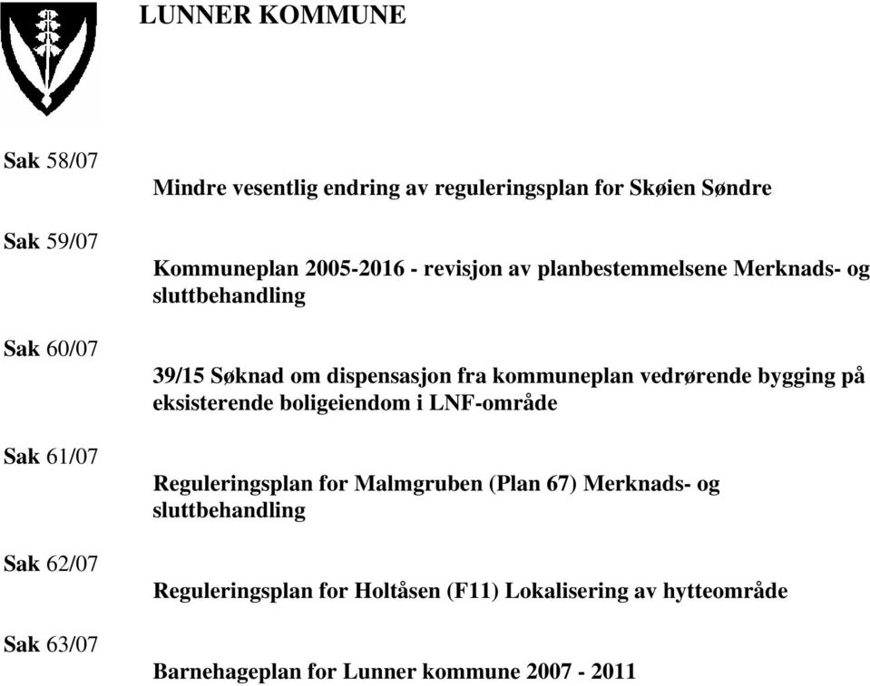 fra kommuneplan vedrørende bygging på eksisterende boligeiendom i LNF-område Reguleringsplan for Malmgruben (Plan 67)