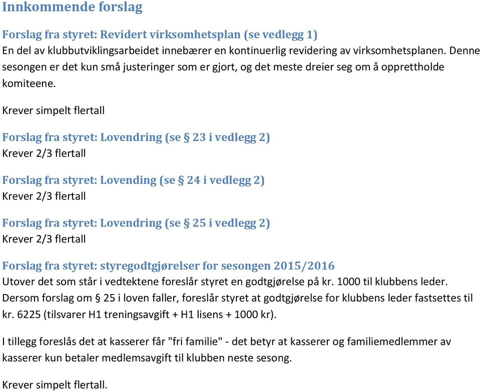 Krever simpelt flertall Forslag fra styret: Lovendring (se 23 i vedlegg 2) Krever 2/3 flertall Forslag fra styret: Lovending (se 24 i vedlegg 2) Krever 2/3 flertall Forslag fra styret: Lovendring (se